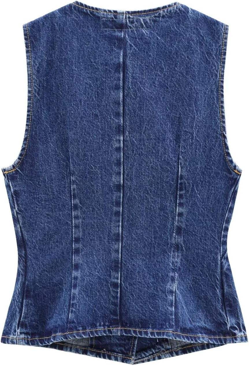 Women's Basic Blue Denim Vest – Single-Row Button Vintage-Style Accented Streetwear Vest