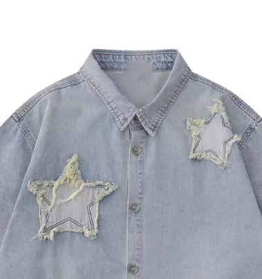 Men's Denim Shirt - Regular Fit Short-Sleeve with Patch Embroidery, Button Placket & Washed Light Blue Vintage Hem