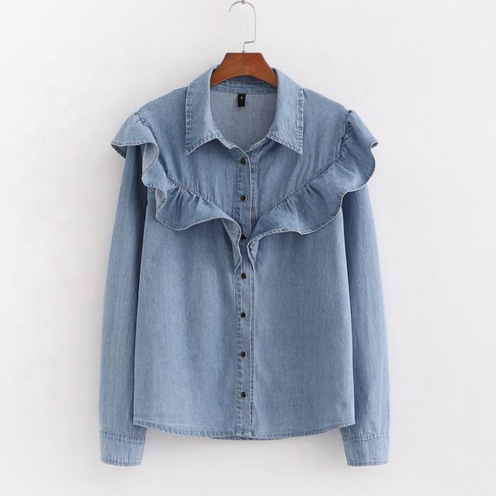 Women's Denim Long Sleeve Woven Shirt – V-Neck Denim Shirt