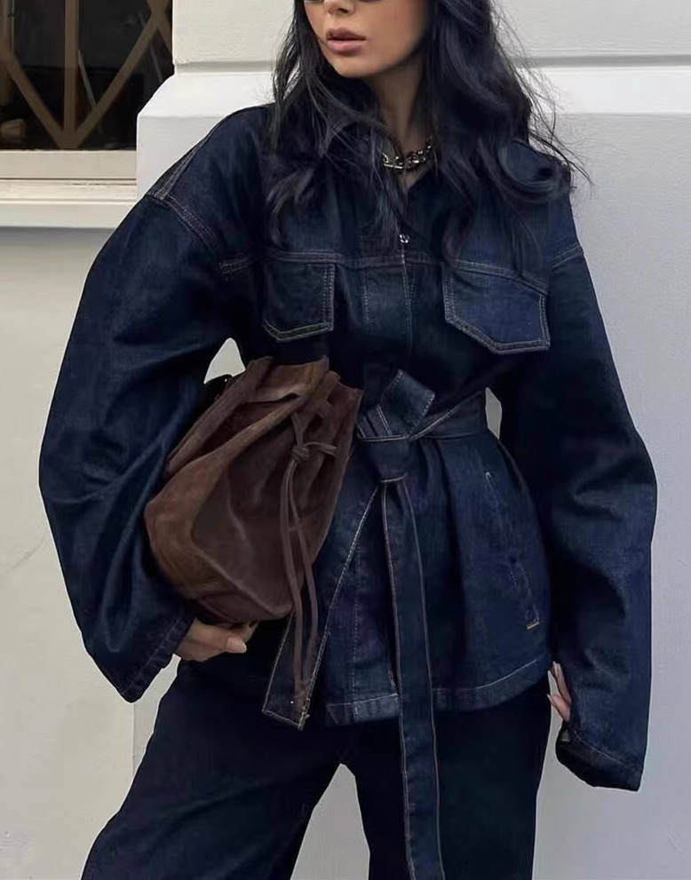 Women's New Spring & Summer INS Retro Versatile Belted Collared Loose Denim Jacket