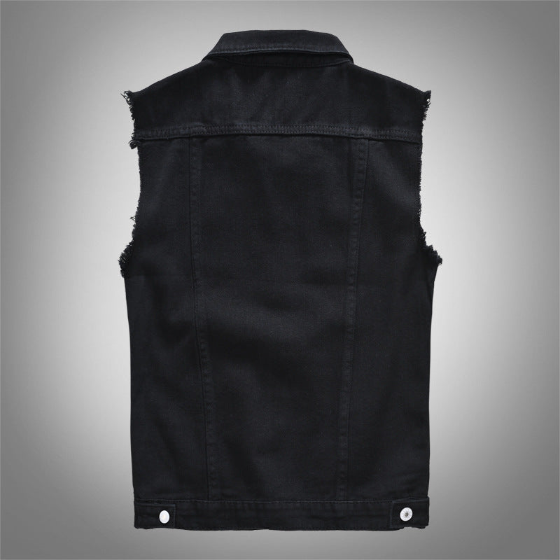 Men's Fashion Black Denim Vest - V-neck Casual Outerwear for Spring, Summer & Autumn