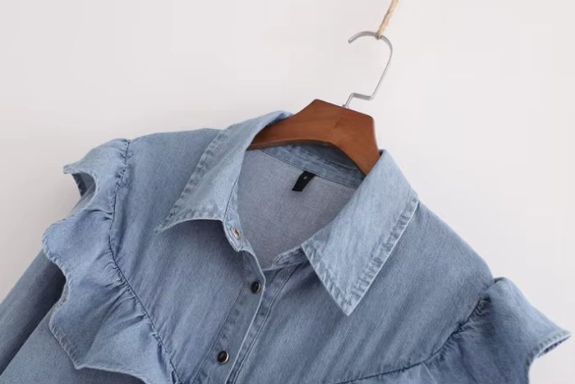 Women's Denim Long Sleeve Woven Shirt – V-Neck Denim Shirt