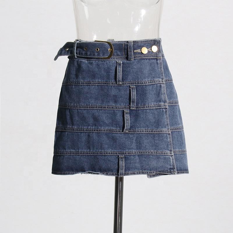 Women's New Spring American Denim Skirt - Patchwork Belted A-Line Mini Skirt
