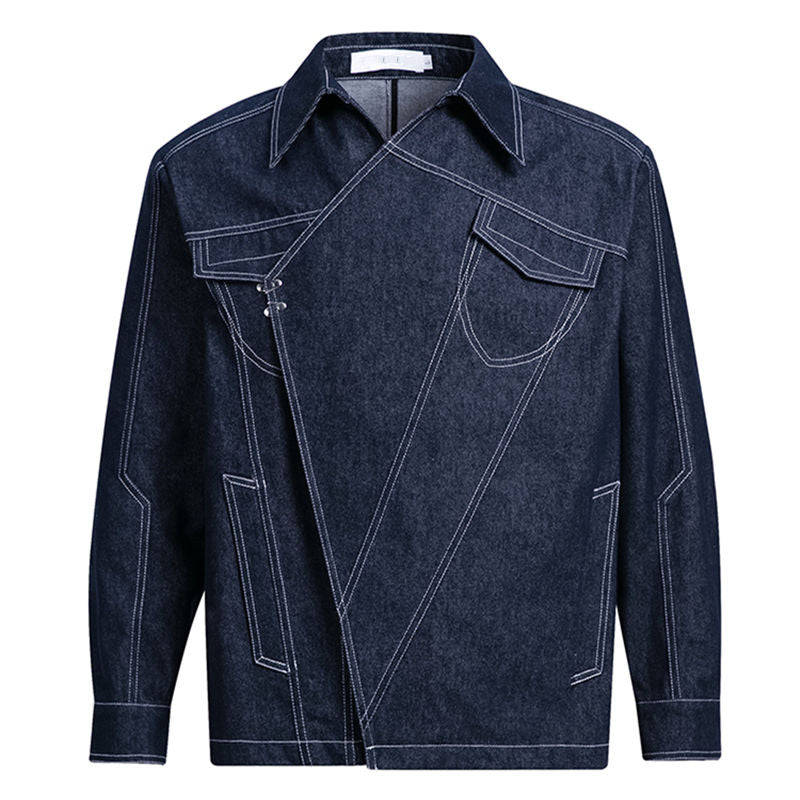 Men's New Trendy Colorful Denim Shirt - Classic Casual Style with Asymmetrical Placket & Irregular Angled Front