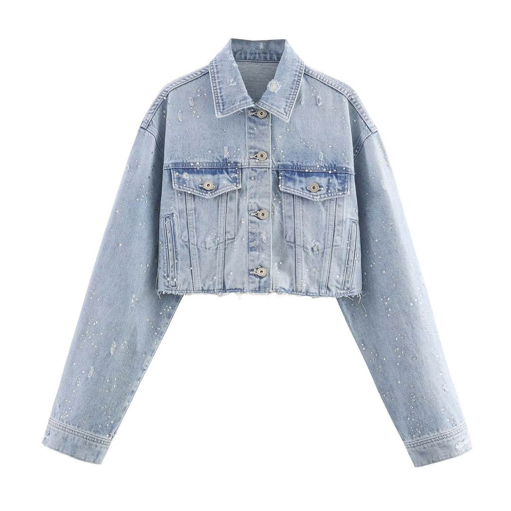 Women's New Autumn Fashion Versatile Collared Long-Sleeve Cropped Denim Jacket