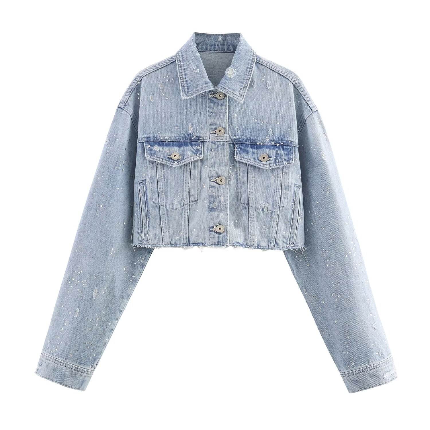 Women's New Autumn Fashion Versatile Collared Long-Sleeve Cropped Denim Jacket
