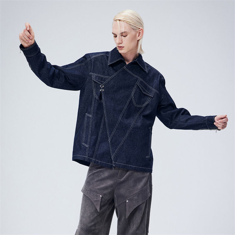 Men's New Trendy Colorful Denim Shirt - Classic Casual Style with Asymmetrical Placket & Irregular Angled Front