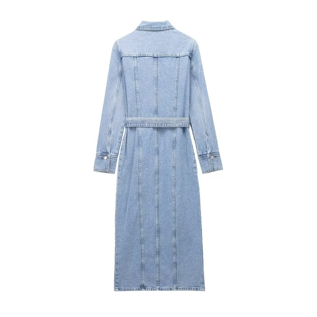 Commuting casual lapel long sleeve tie duster pocket embellished denim dress