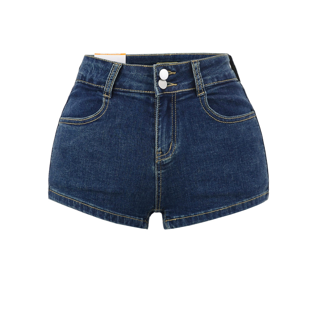 Women's High-Waisted Butt-Lifting Padded Stretch Slim-Fit Two-Button Bodycon Denim Shorts