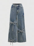 Women's Y2K American Aesthetic Patchwork Bowknot Straight-Leg Jeans - Loose Fit Long Pants