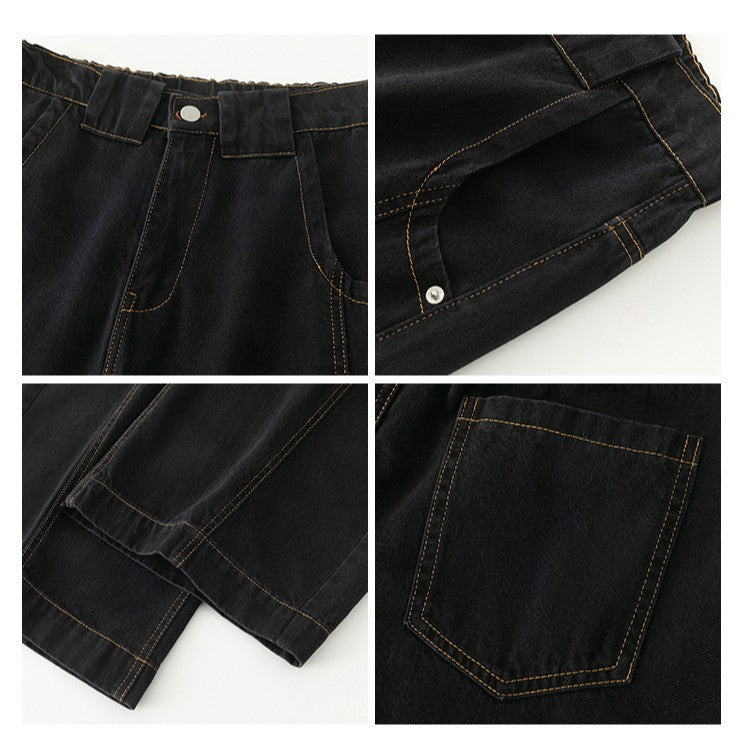 American Retro Distressed Contrast Stitch Summer Bootcut Jeans - Relaxed Wide Fit Washed Denim