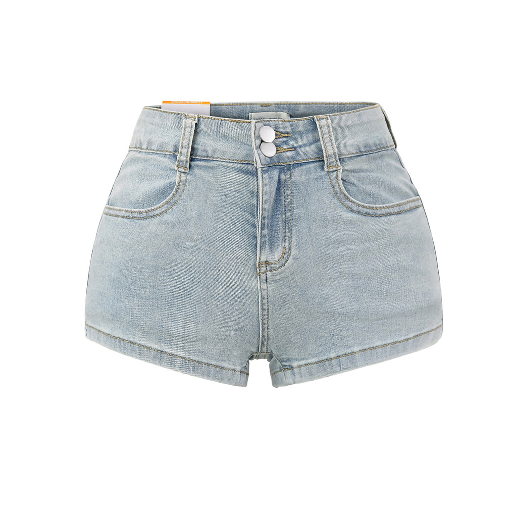 Women's High-Waisted Butt-Lifting Padded Stretch Slim-Fit Two-Button Bodycon Denim Shorts