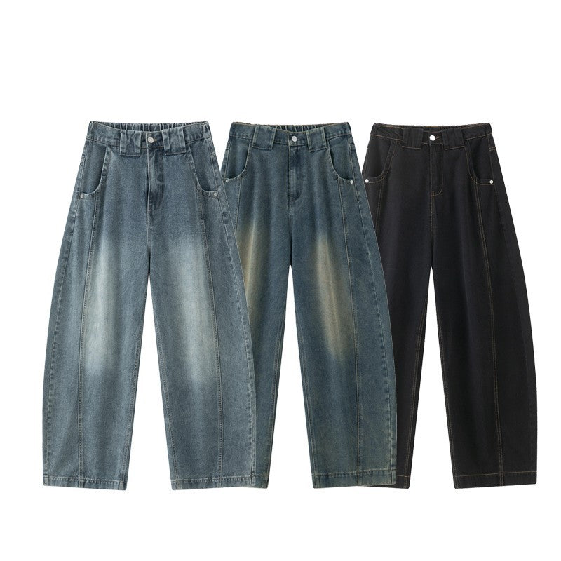 American Retro Distressed Contrast Stitch Summer Bootcut Jeans - Relaxed Wide Fit Washed Denim