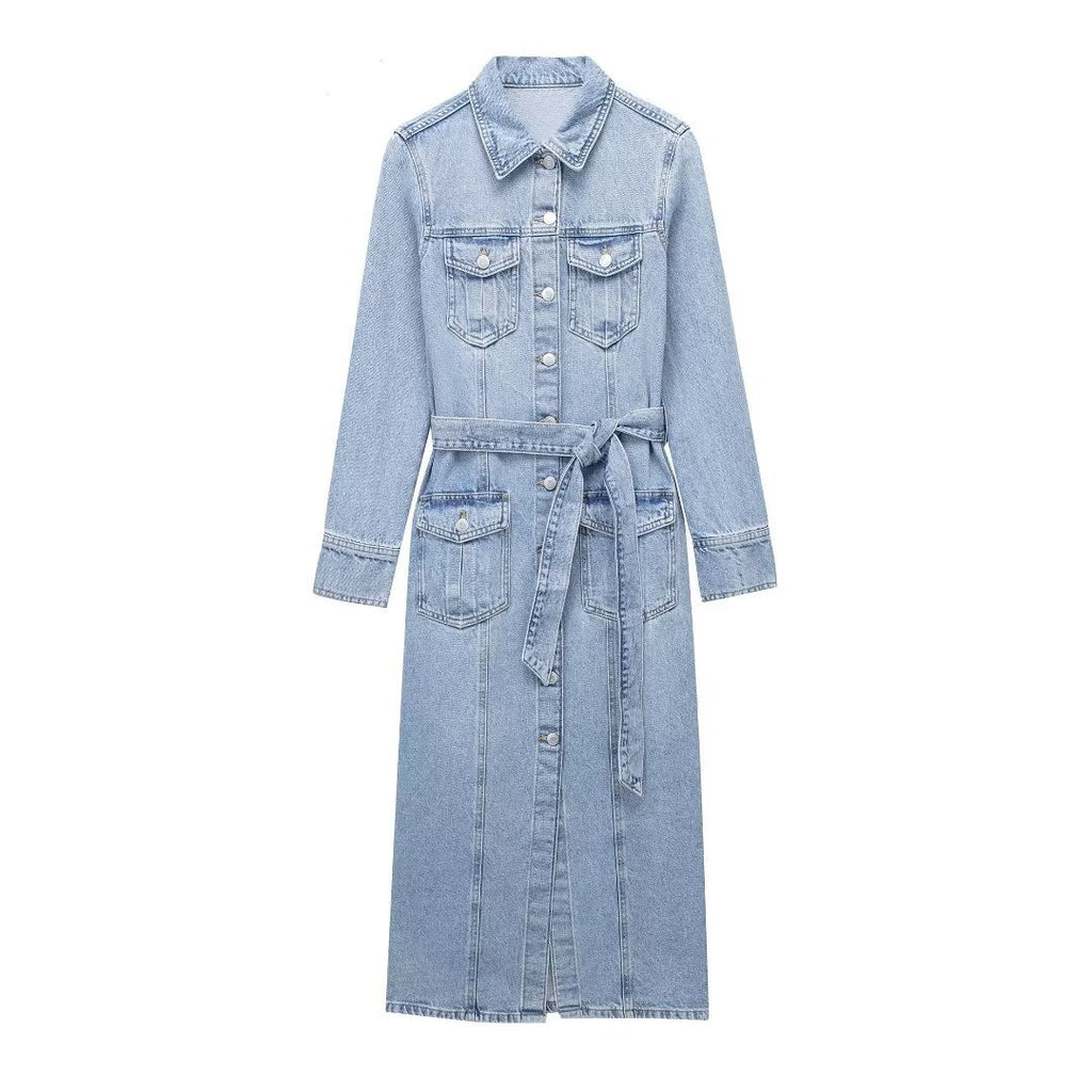 Commuting casual lapel long sleeve tie duster pocket embellished denim dress