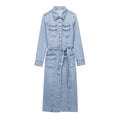 Commuting casual lapel long sleeve tie duster pocket embellished denim dress